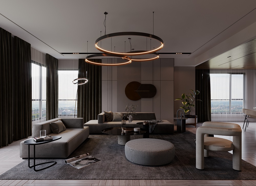 Thiết kế phòng khách Penthouse đơn giản với thiết kế xung quanh tinh tế